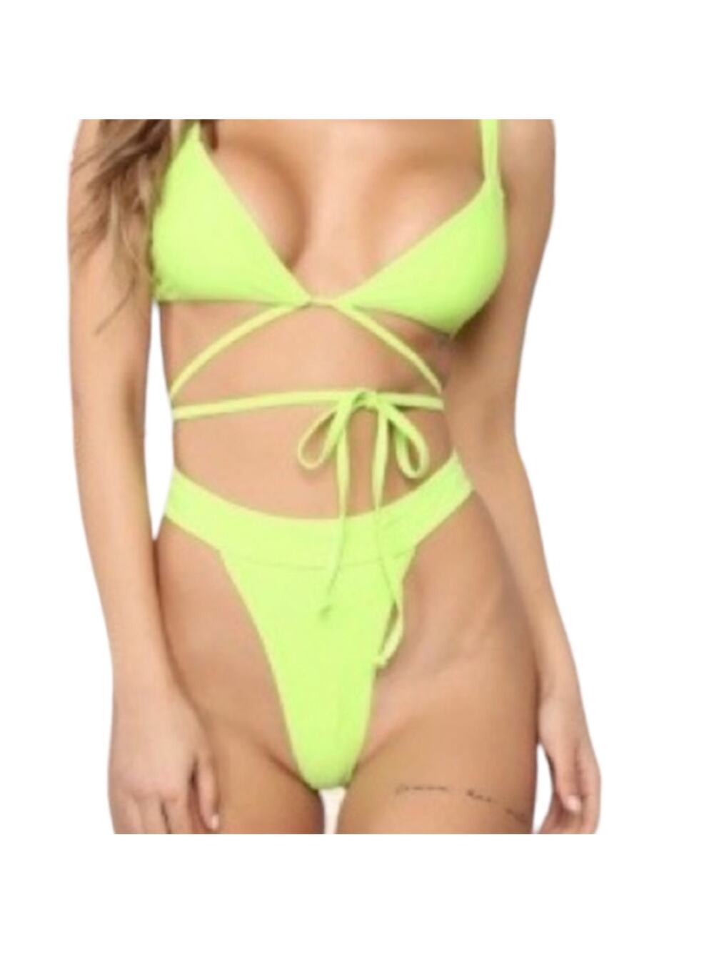 NWT Fashion Nova Swim Hot Hot Heat High waisted Bikini Set Lime XL